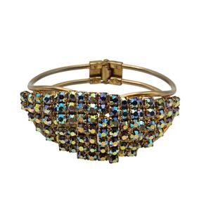 Vintage AB Rhinestone Clamper Bracelet Gold Tone Dimensional Cuff